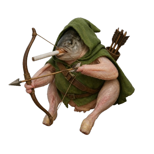 Smoking Chicken Fish wearing a Robin Hood cloak, holding a bow and smoking